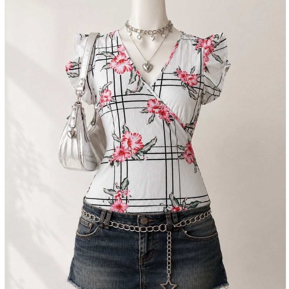 Womens Y2K Pink Hibiscus Floral Grid Flutter Sleeve Wrap V-Neck Blouse Top M
